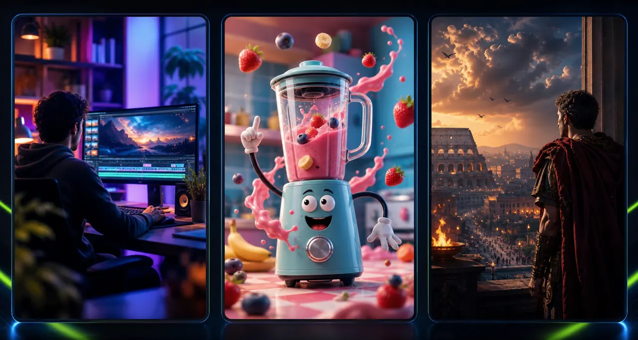 Illustration of an AI video workflow with a creator brief, product scene, and cinematic scene